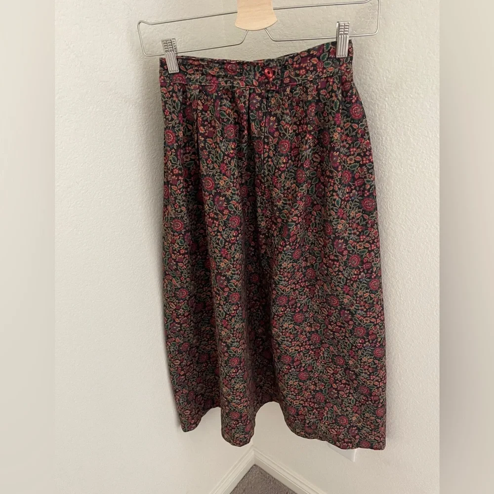 Vintage handmade brown red floral 2 piece set midi skirt and puff sleeve jacket